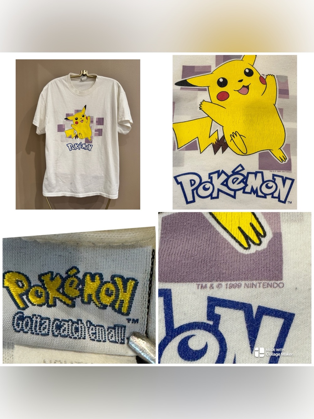 Vintage 1999 Nintendo Pokémon Pikachu "Gotta Catch 'Em All" Purple Grid T-Shirt